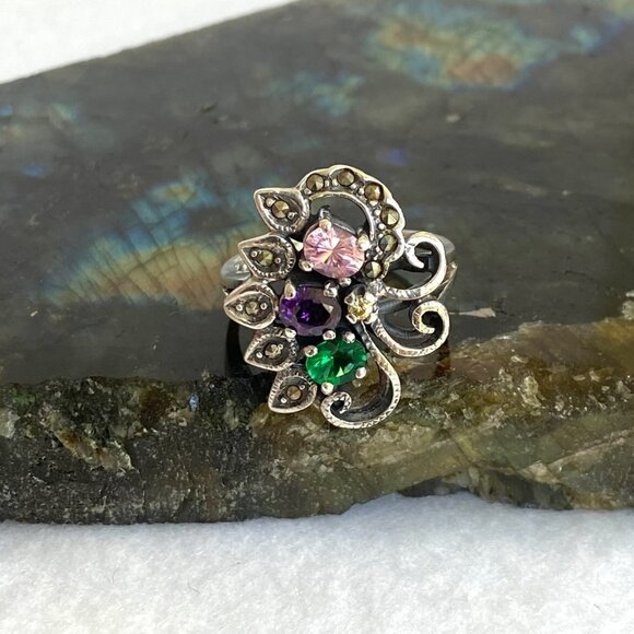Sterling Silver 925 Multi Colored CZ Marcasite Floral Flower Cluster Ring Sz 8 - Picture 16 of 16